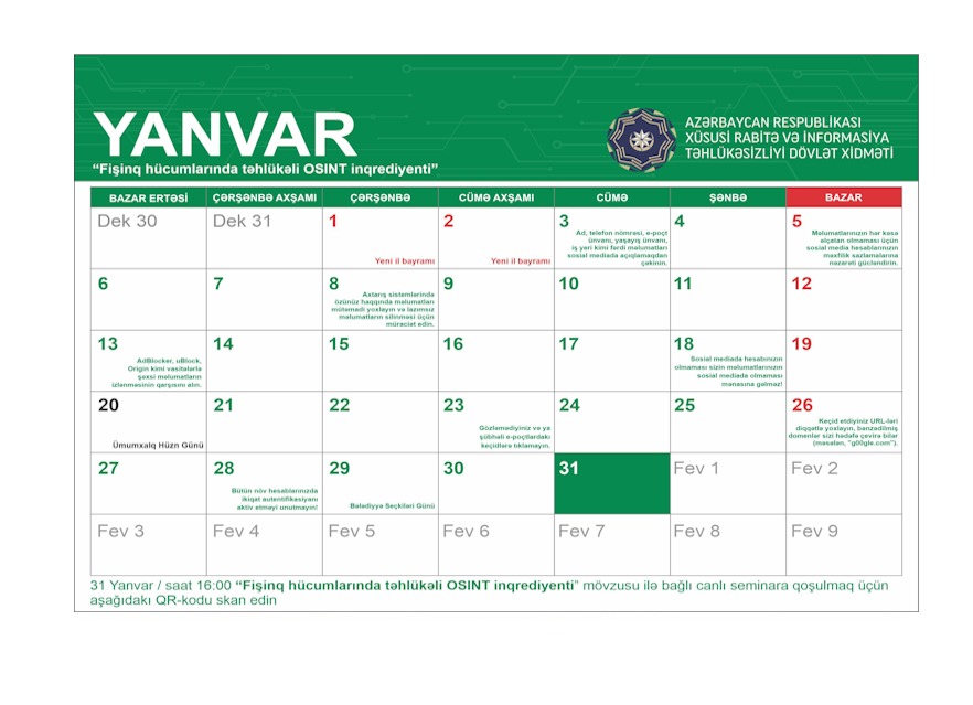 İnformasiya təhlükəsizliyi təqvimi layihəsi çərçivəsində yanvar ayı üzrə növbəti canlı seminar başlayır