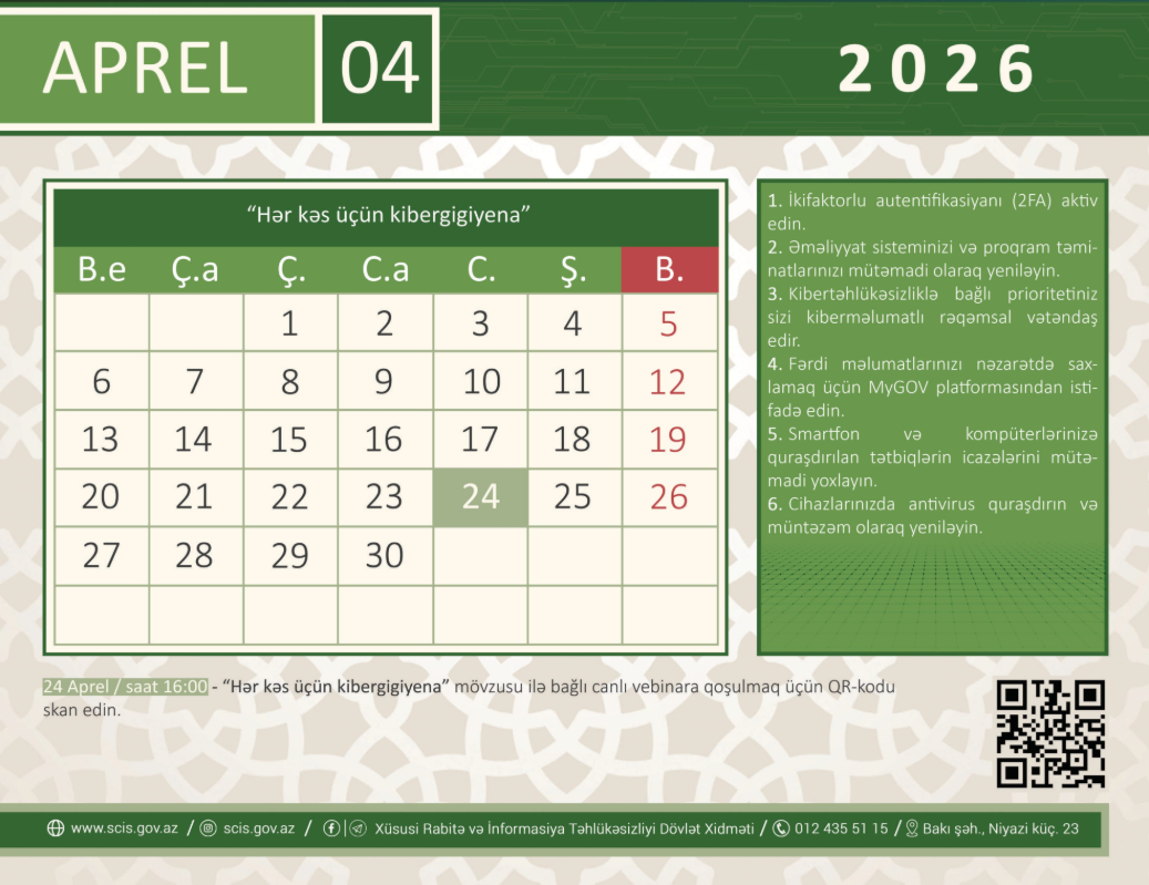 İnformasiya təhlükəsizliyi təqvimi layihəsi çərçivəsində aprel ayı üzrə növbəti vebinar başlayır